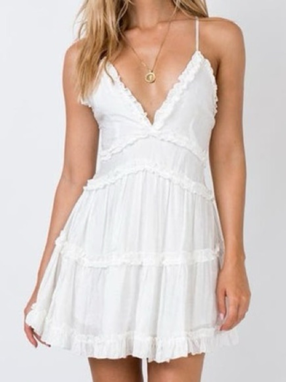 miami francescas boutique White Ruffle-Tiered Spaghetti Strap Mini Dress